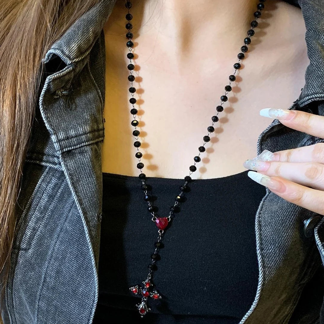 Accessories Gothic Red Cross Tassel Pendant Necklace