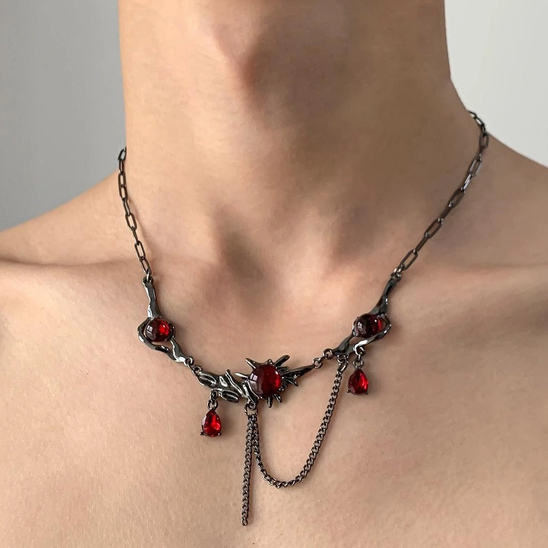 Accessories Gothic Red Crystal Fringe Choker Necklace