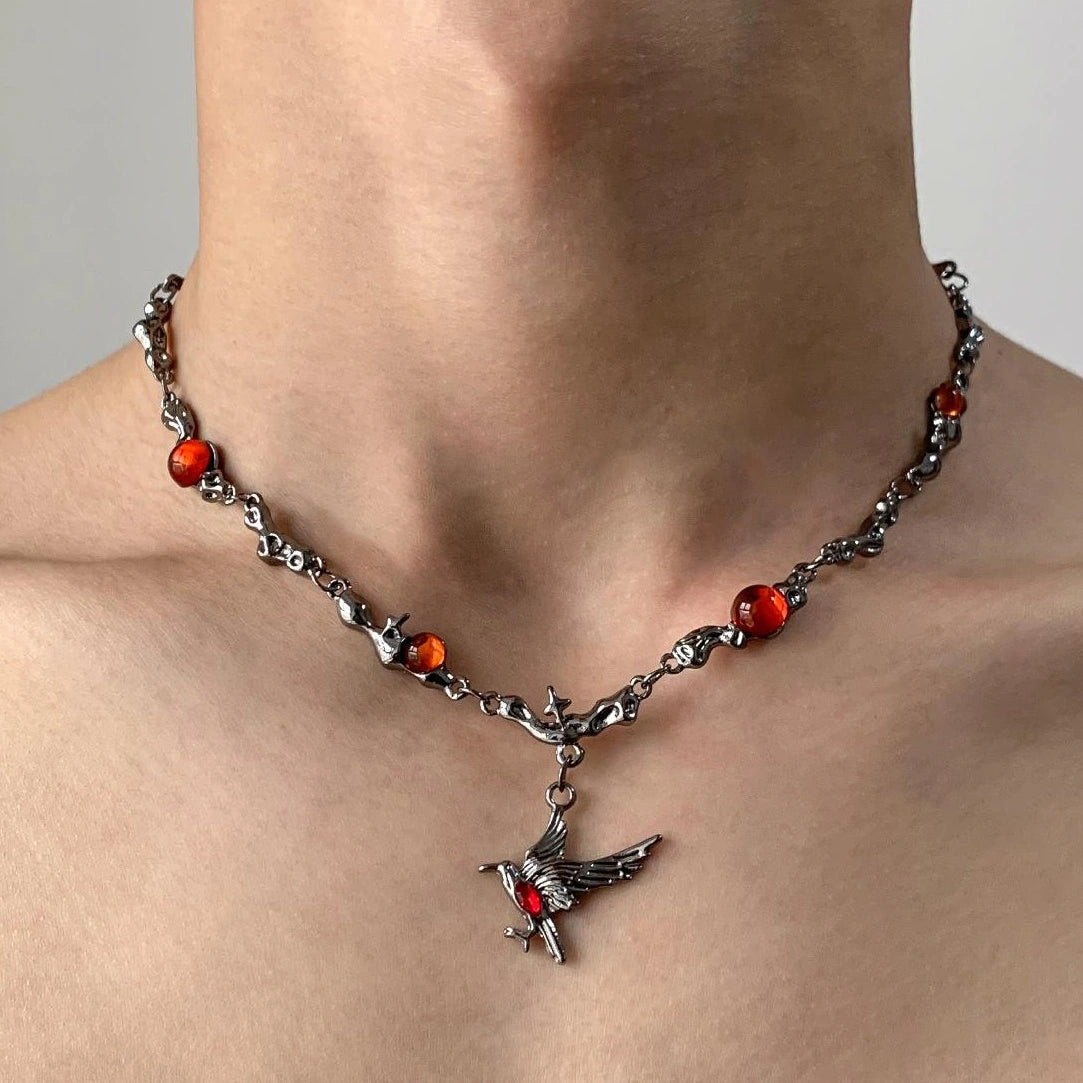 Accessories Gothic Red Zircon Raven Choker Necklace