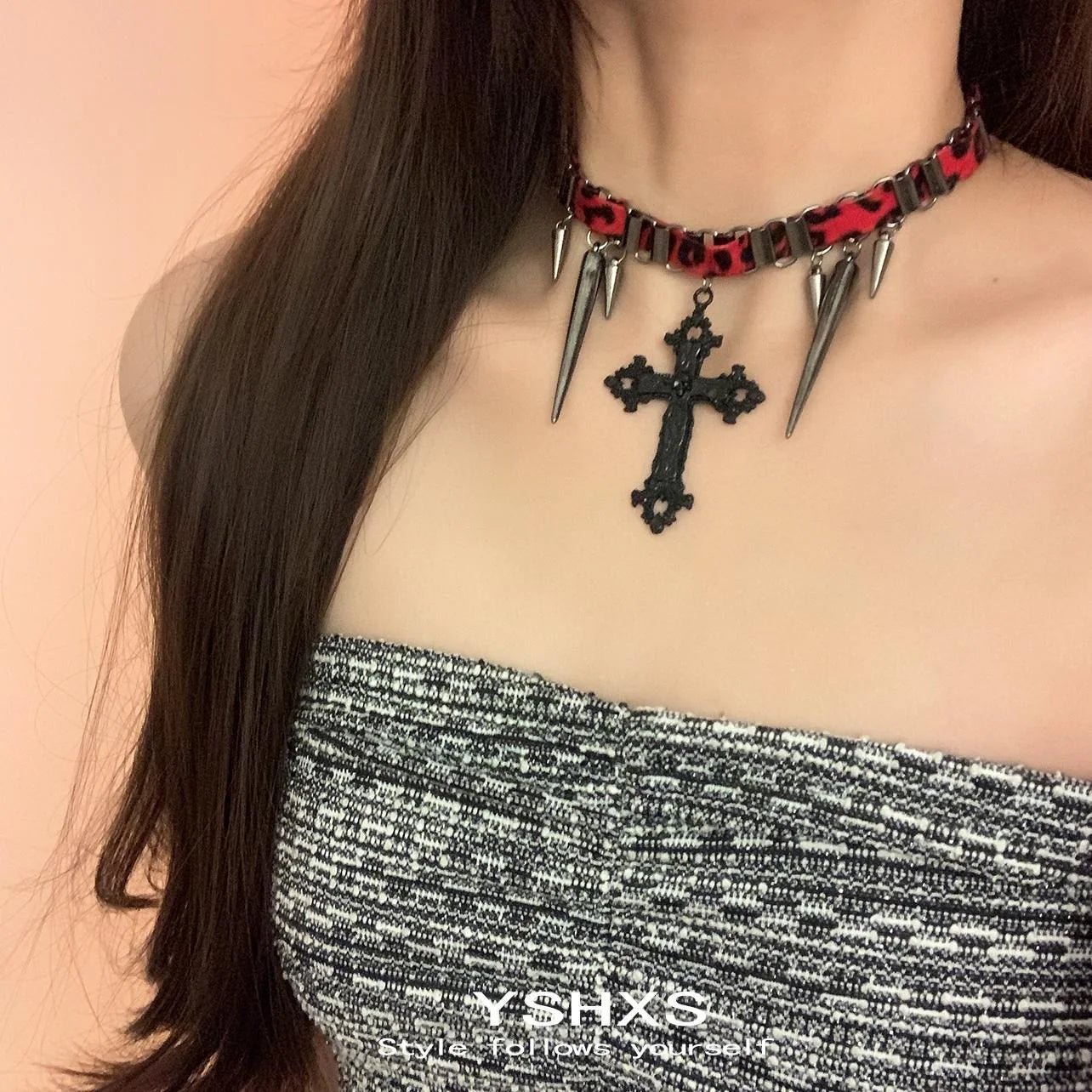 Accessories Gothic Studded Leather Cross Choker