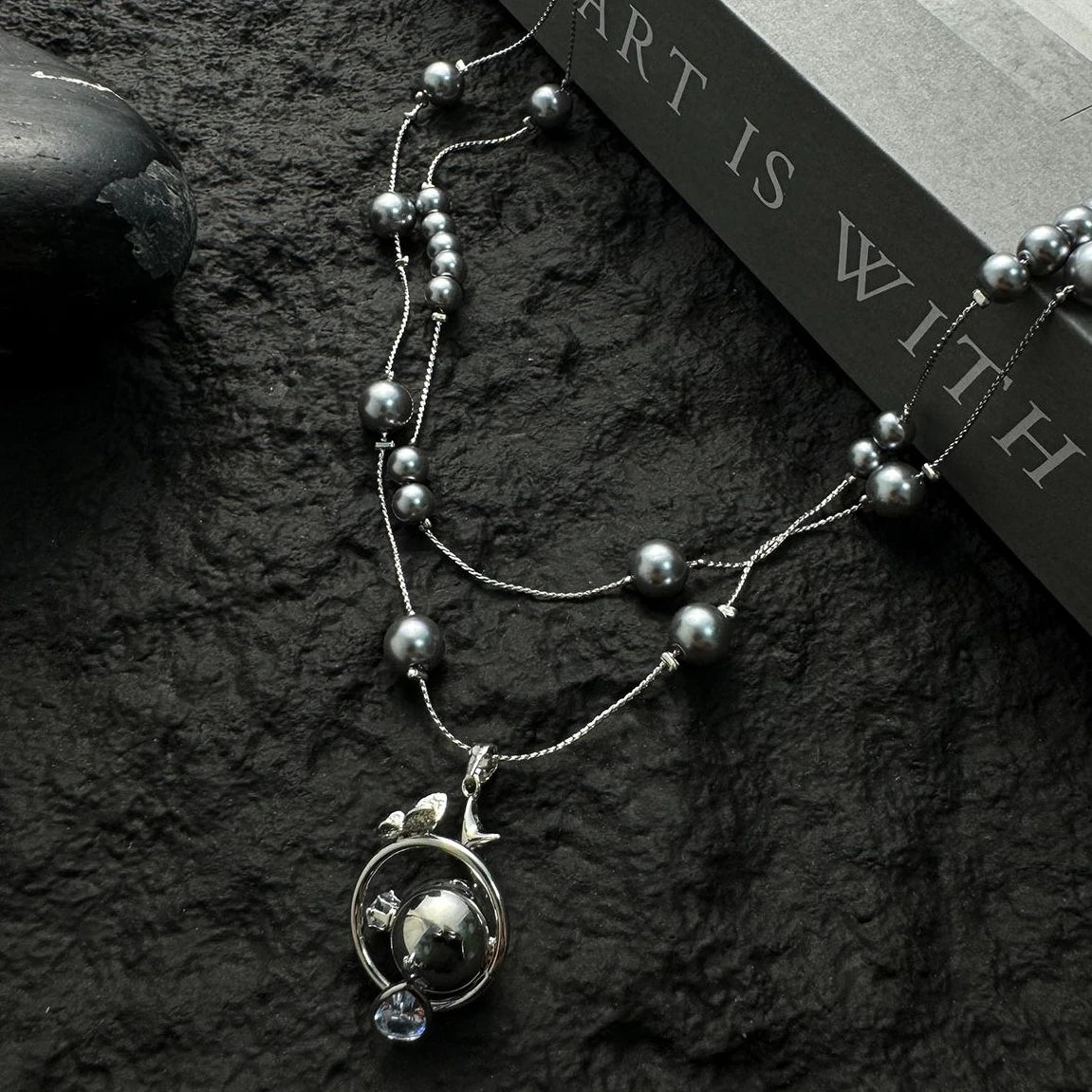 Accessories Gray Pearl Planet Pendant Double Layer Choker Necklace
