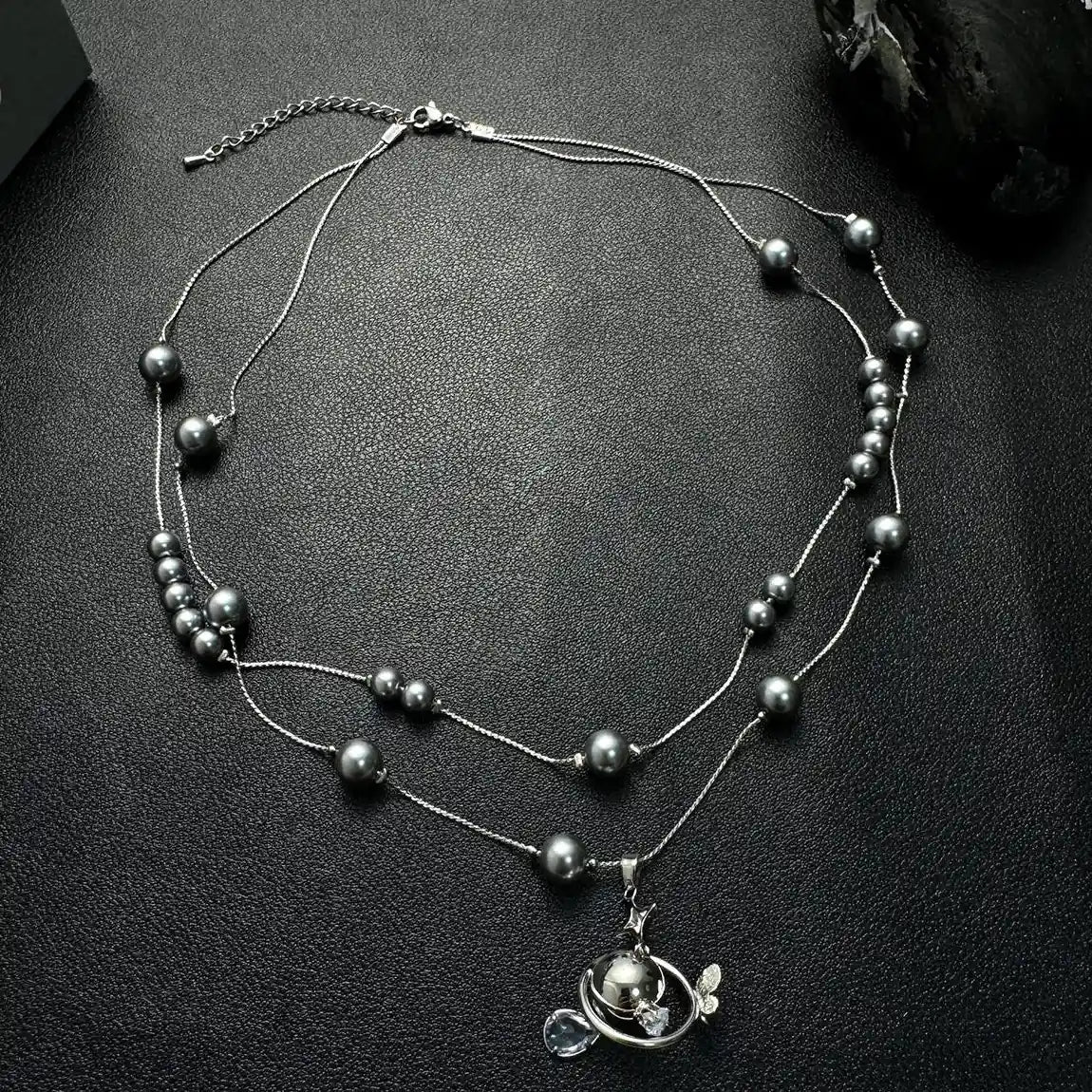 Accessories Gray Pearl Planet Pendant Double Layer Choker Necklace
