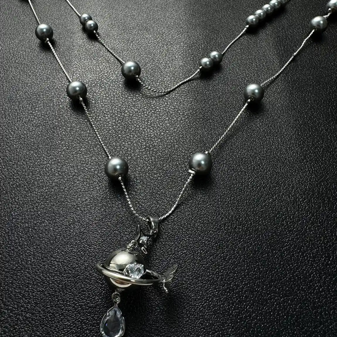 Accessories Gray Pearl Planet Pendant Double Layer Choker Necklace