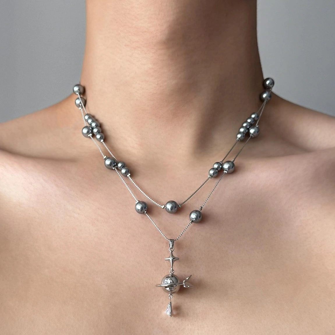 Accessories Gray Pearl Planet Pendant Double Layer Choker Necklace