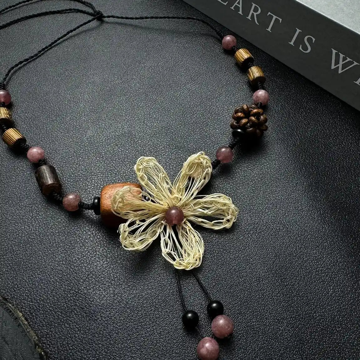 Accessories Handwoven Floral Wood Pendant Necklace