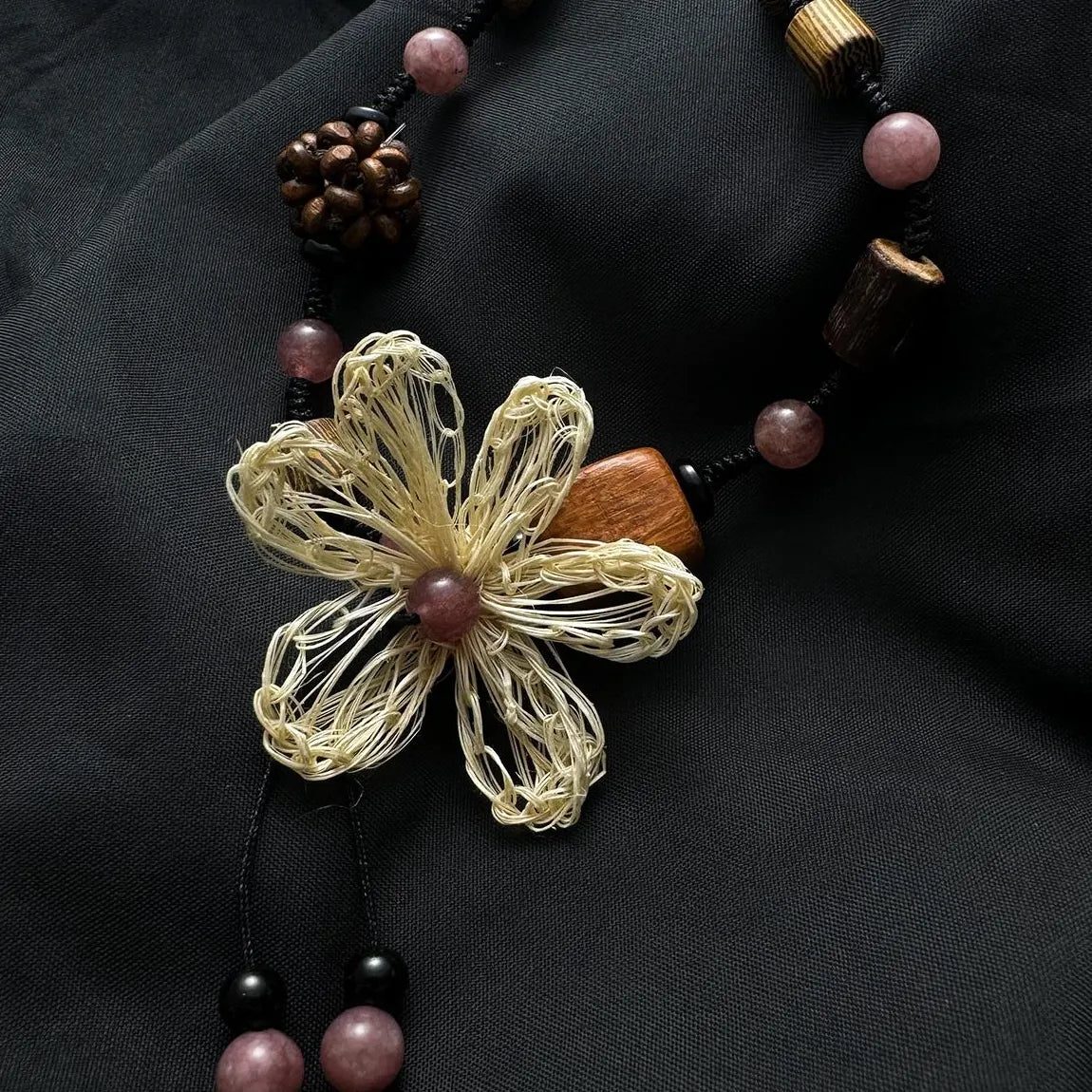 Accessories Handwoven Floral Wood Pendant Necklace