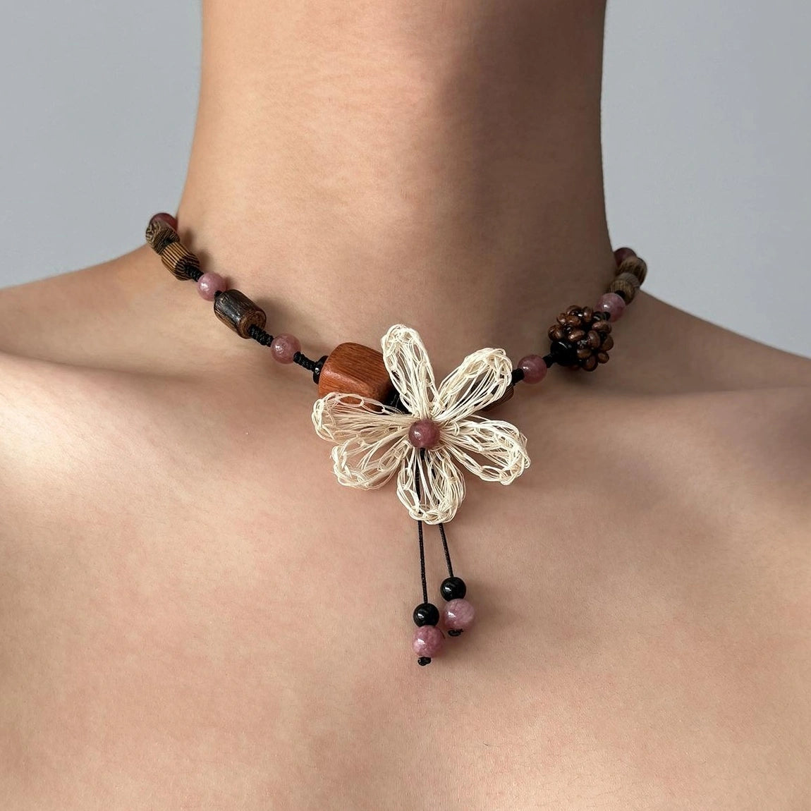 Accessories Handwoven Floral Wood Pendant Necklace