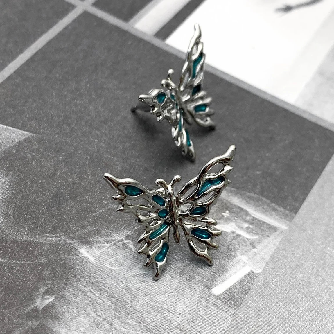 Hollow Blue Butterfly Stud Earrings