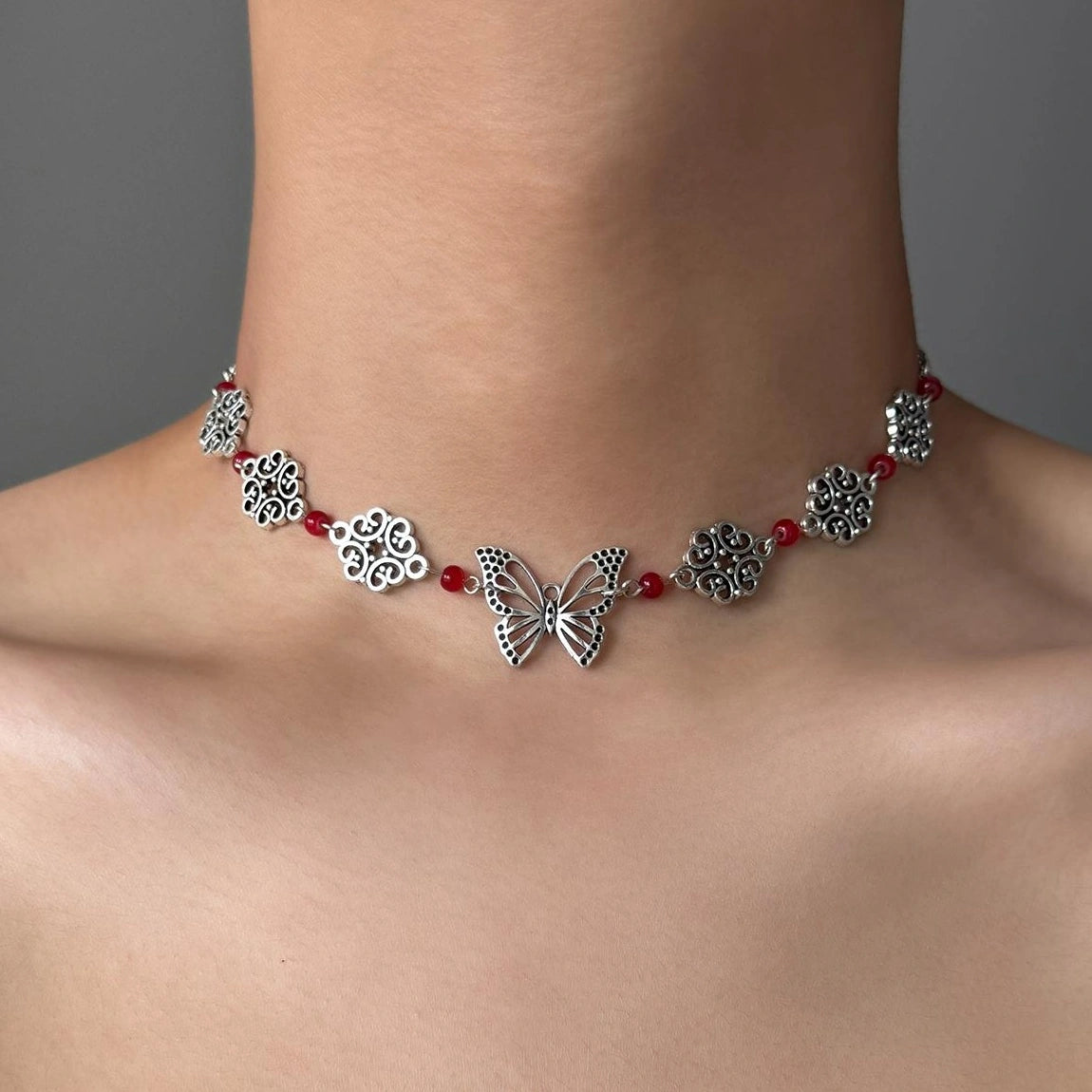 Accessories Hollow Butterfly Red Zircon V-neck Necklace