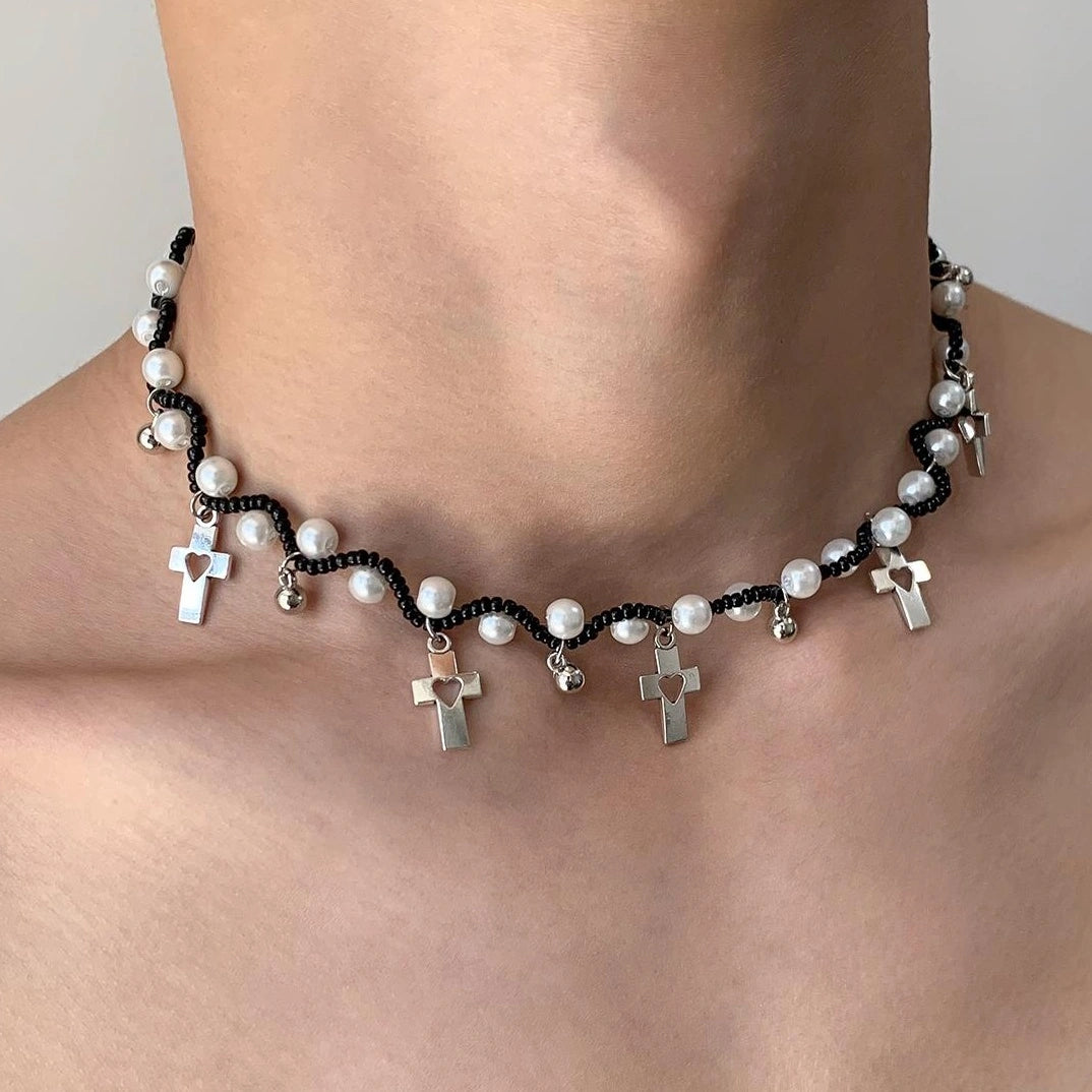 Accessories Hollow Cross Pearl Heart Necklace