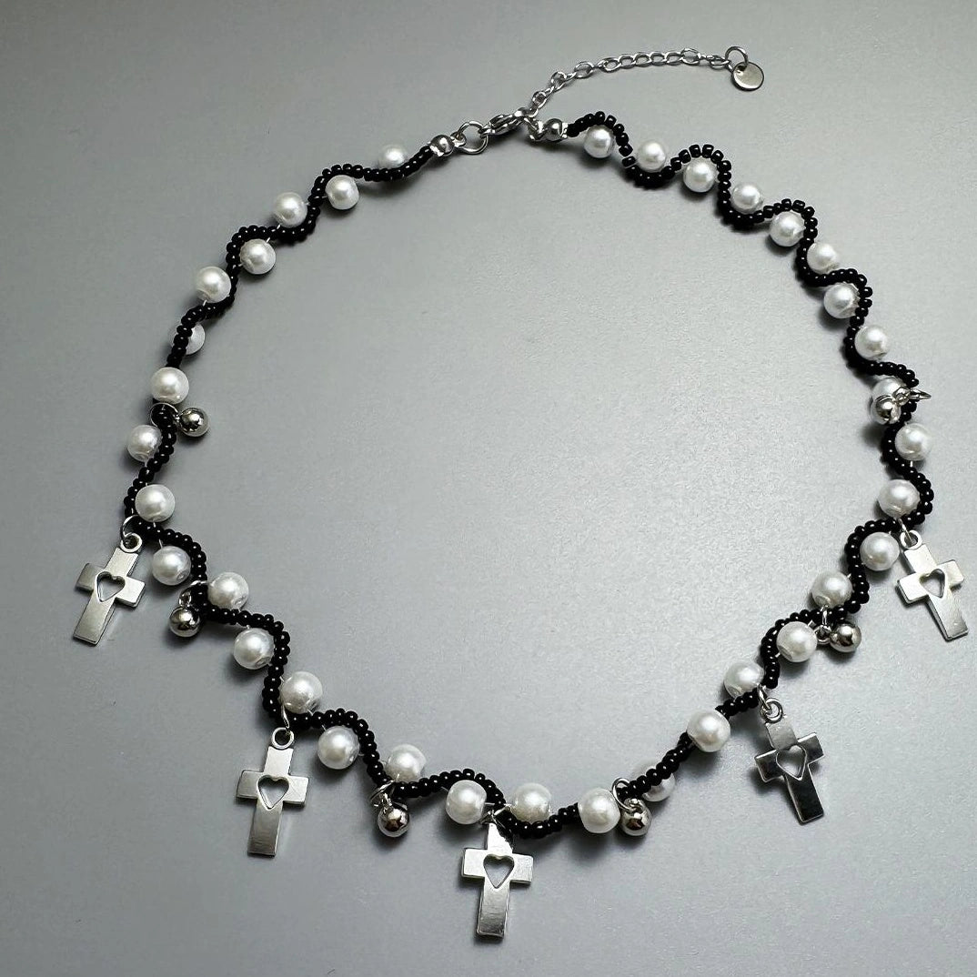 Accessories Hollow Cross Pearl Heart Necklace