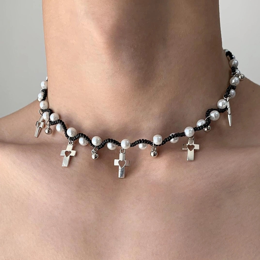 Accessories Hollow Cross Pearl Heart Necklace