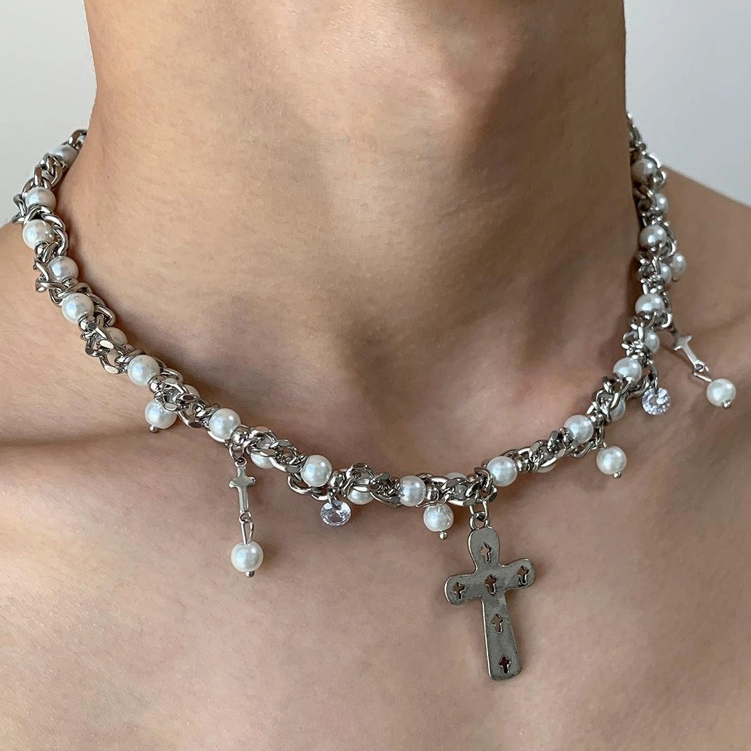 Accessories Hollow Cross Pearl Necklace