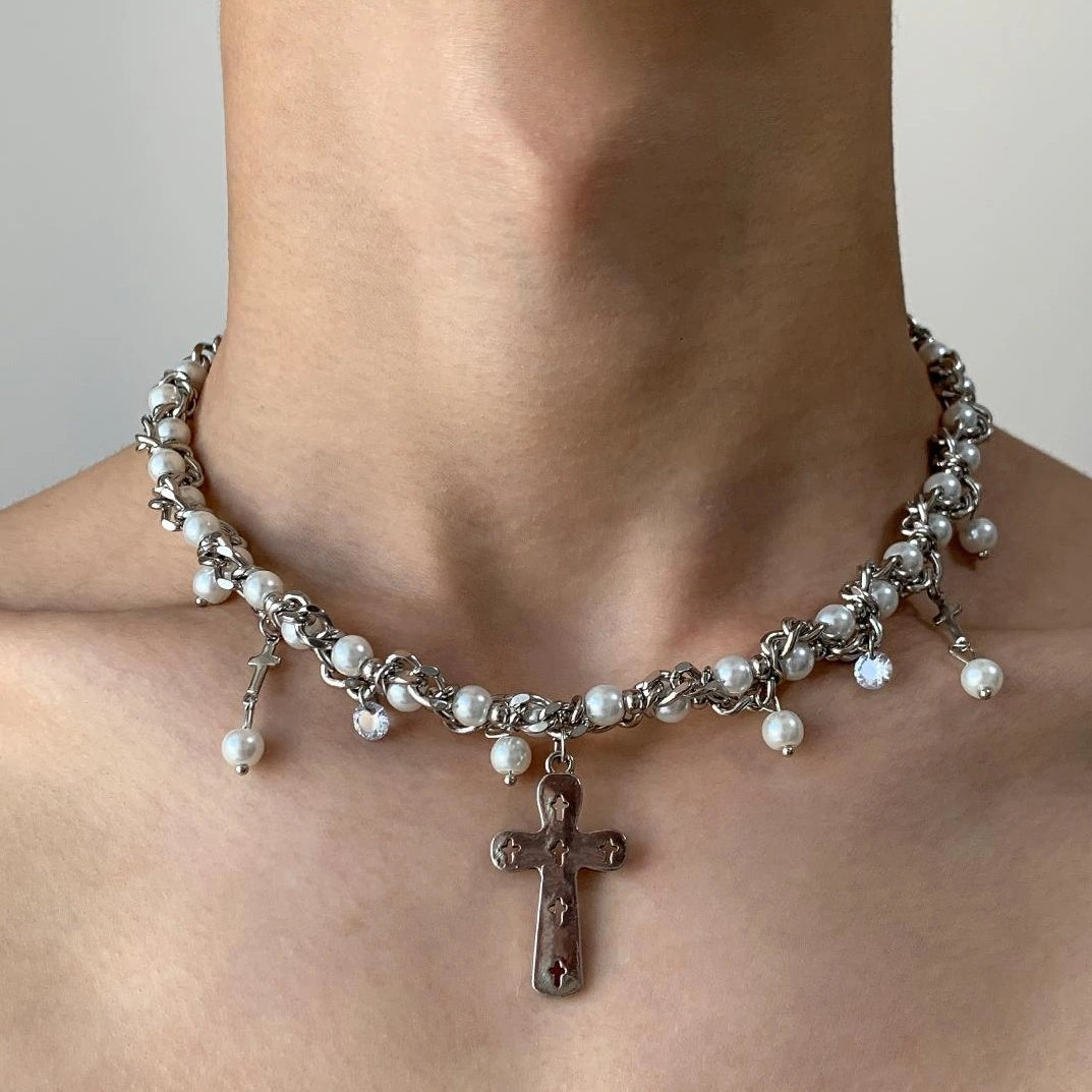 Accessories Hollow Cross Pearl Necklace