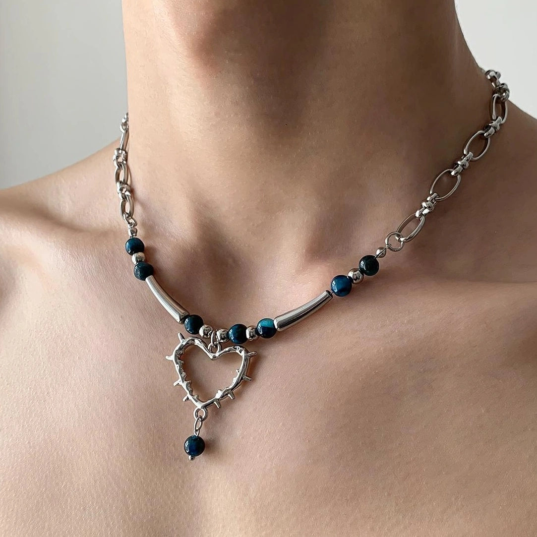 Accessories Hollow Out Blue Beaded Love Choker Necklace