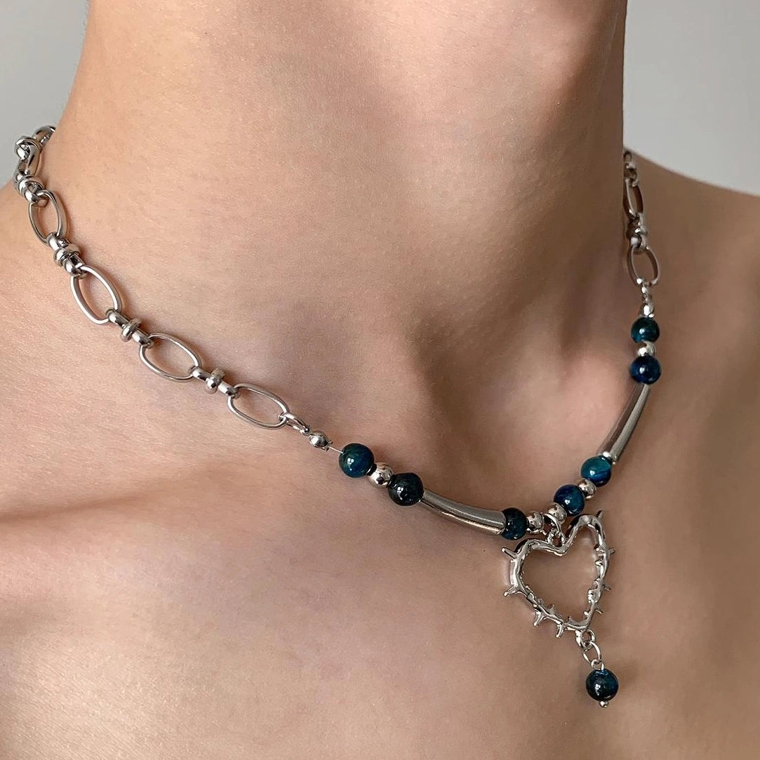 Accessories Hollow Out Blue Beaded Love Choker Necklace