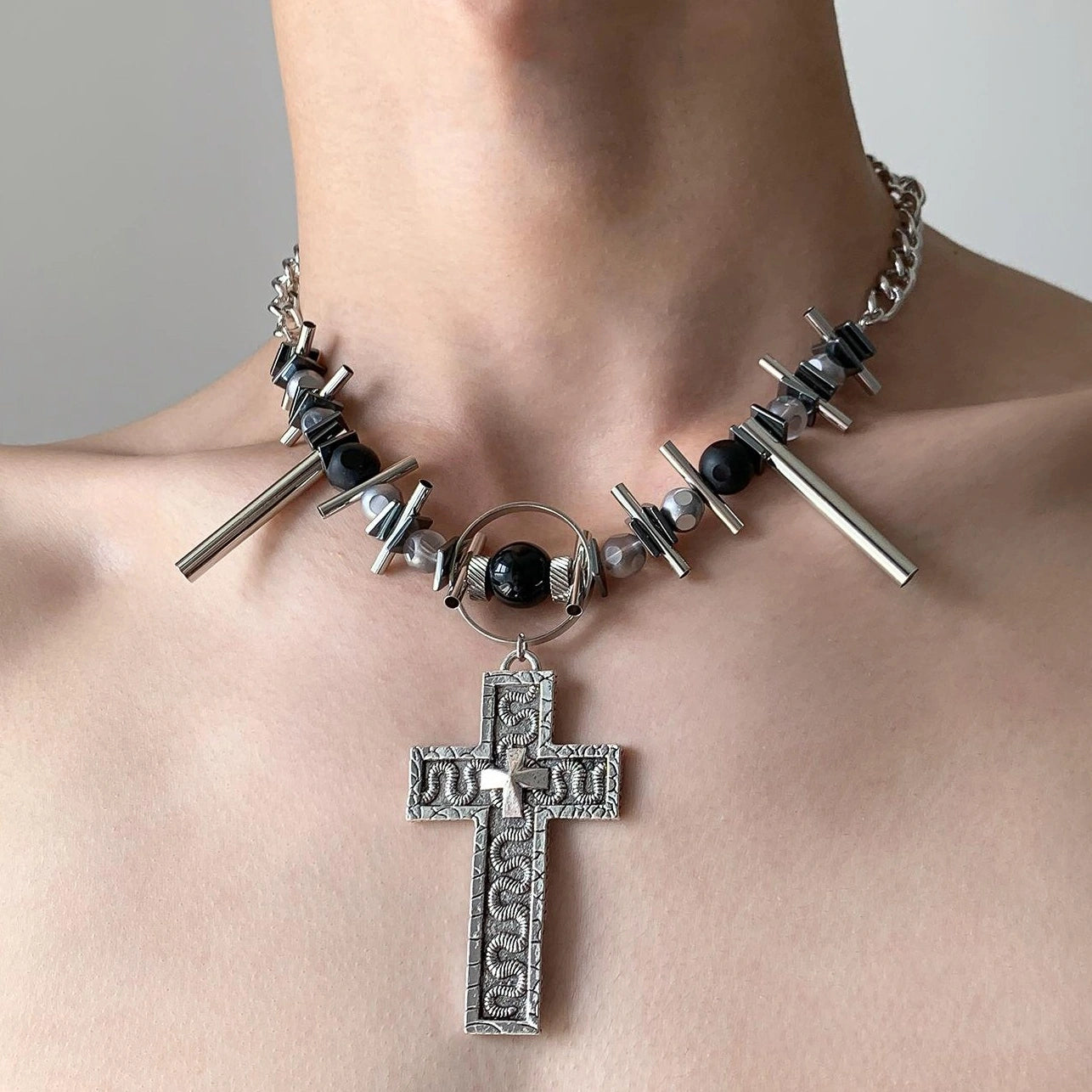 Accessories Industrial Punk Cross Choker Necklace