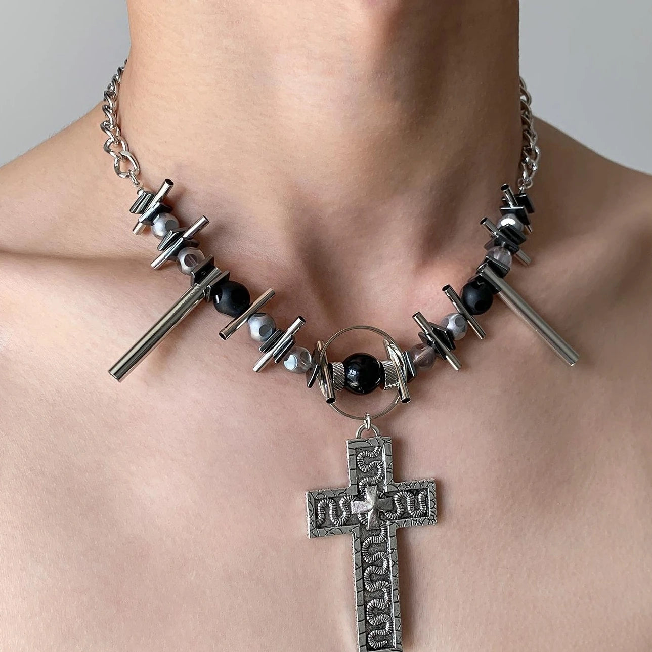 Accessories Industrial Punk Cross Choker Necklace