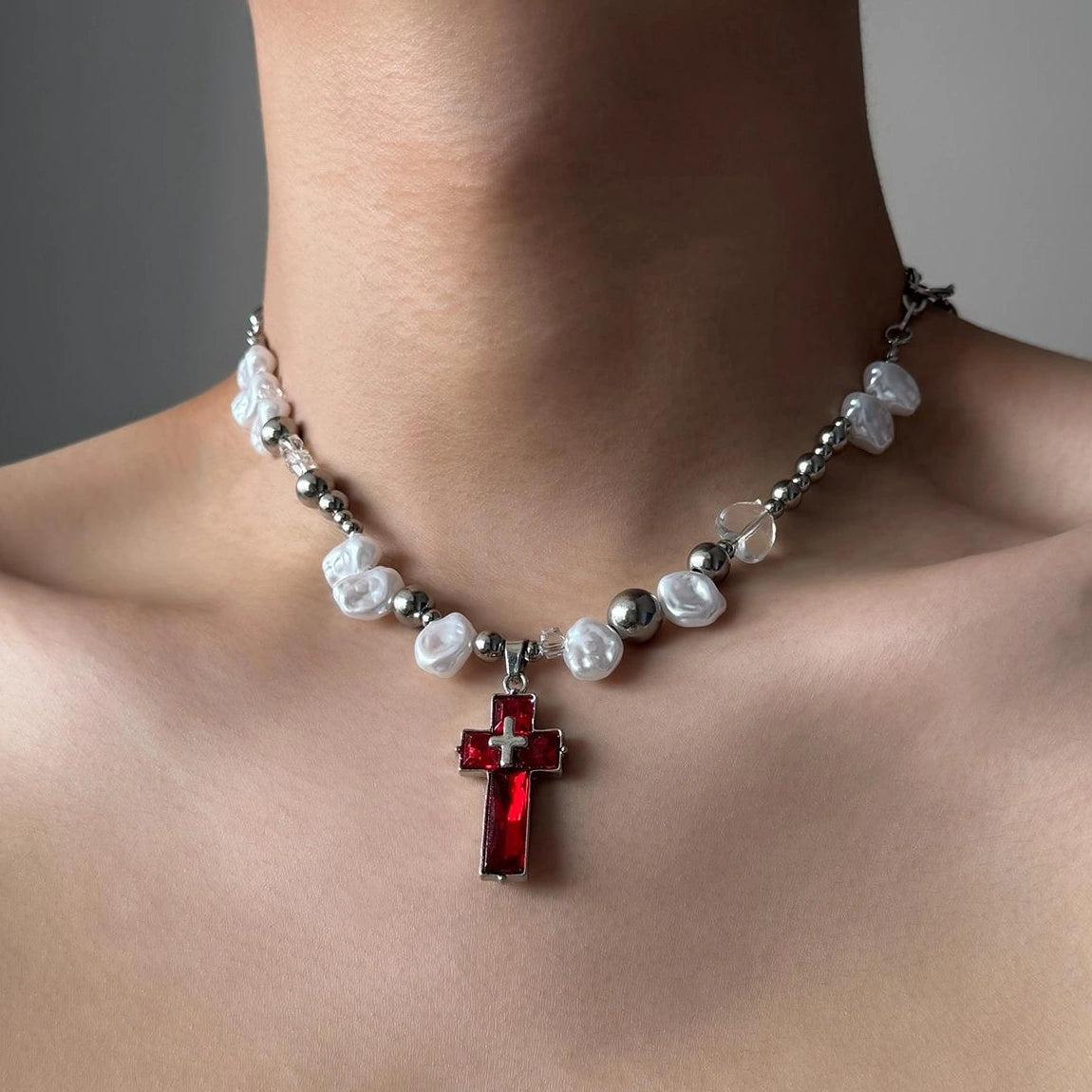 Accessories Irregular Pearl Cross Pendant Y2k Necklace
