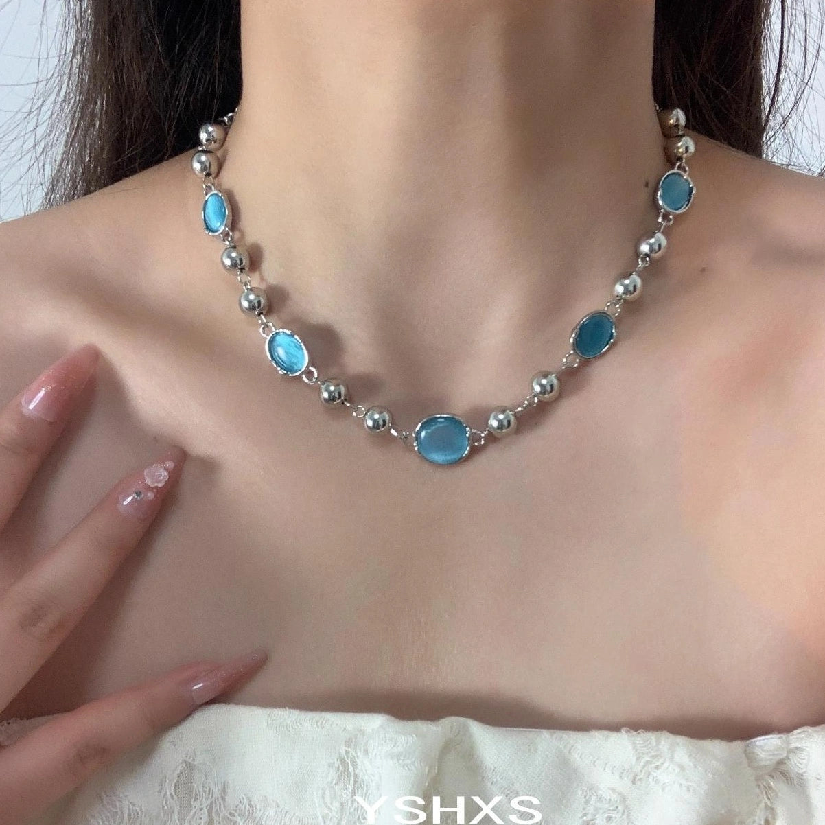 Accessories Japanese Korean Style Blue Cat Eye Beaded Choker Necklace