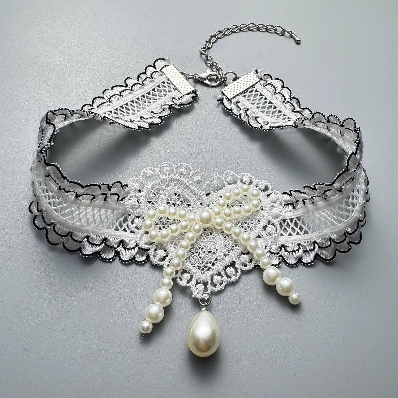 Accessories Lace Bow Pearl Choker Necklace
