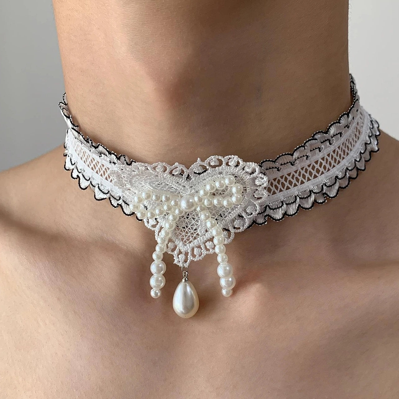 Accessories Lace Bow Pearl Choker Necklace
