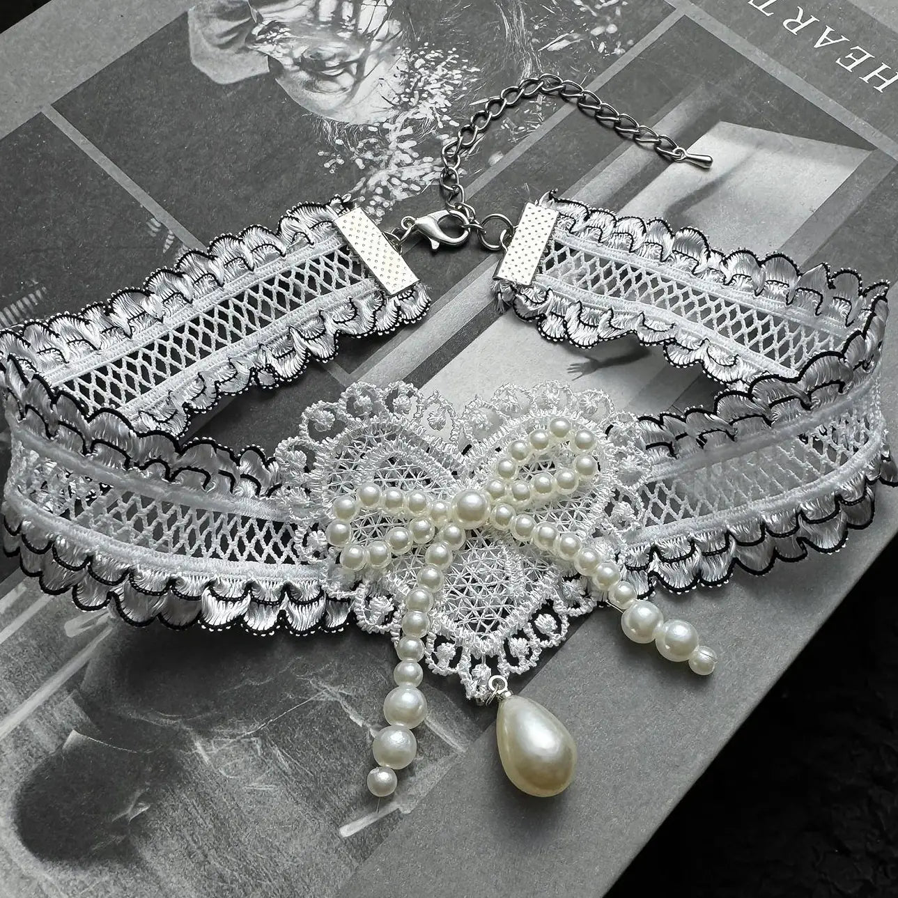Accessories Lace Bow Pearl Choker Necklace