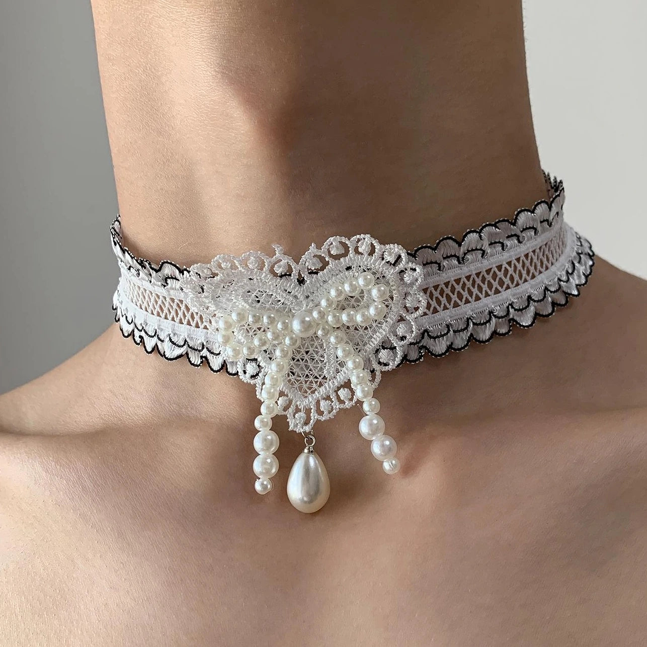 Accessories Lace Bow Pearl Choker Necklace