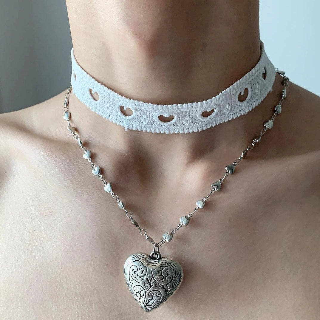 Accessories Lace Heart Double Layer Choker Necklace