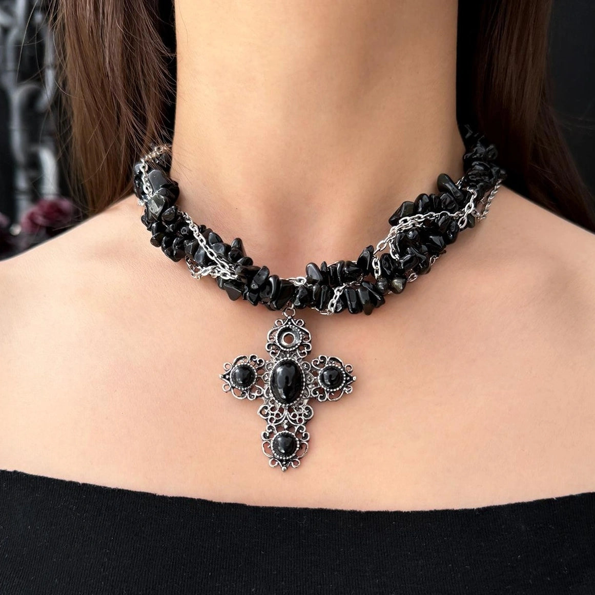 Accessories Layered Black Cross Punk Rock Stone Necklace