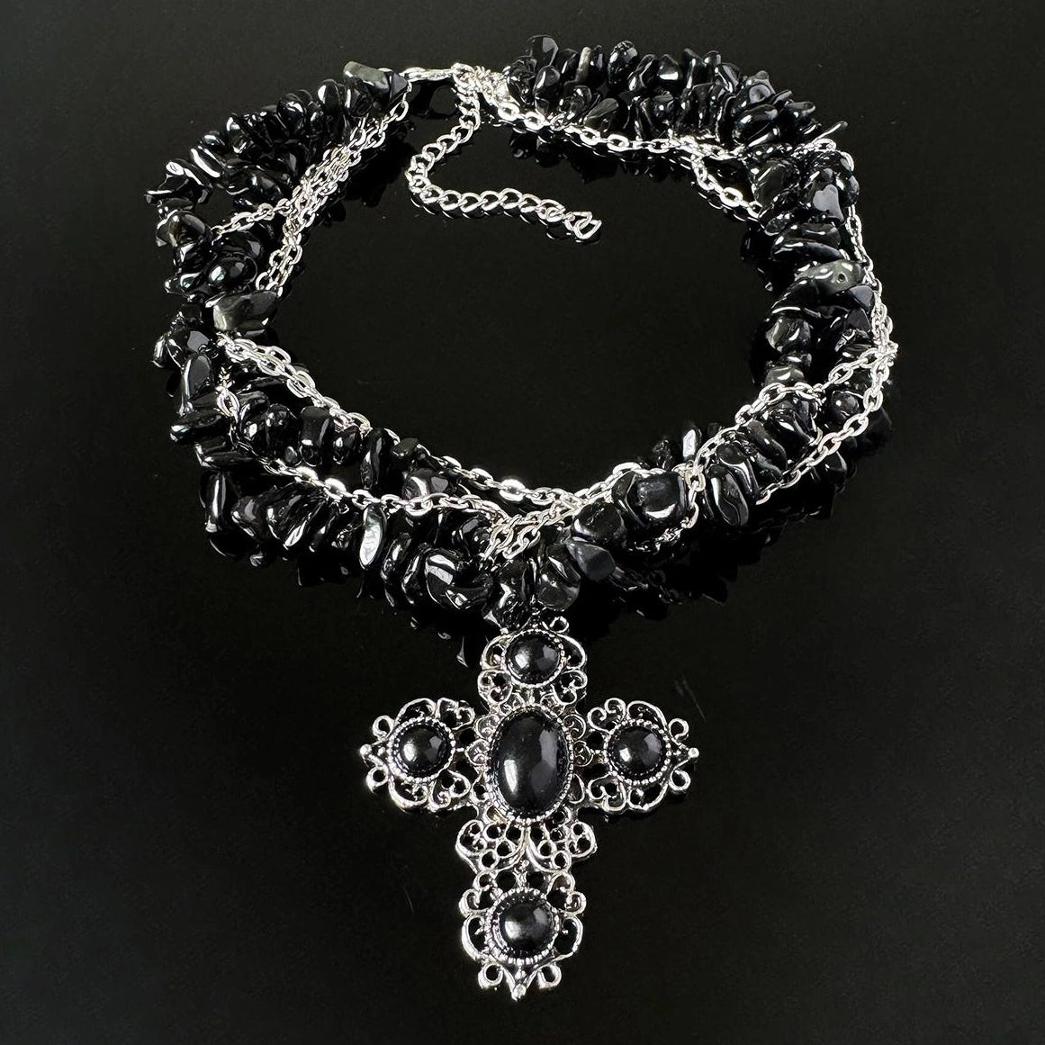 Accessories Layered Black Cross Punk Rock Stone Necklace