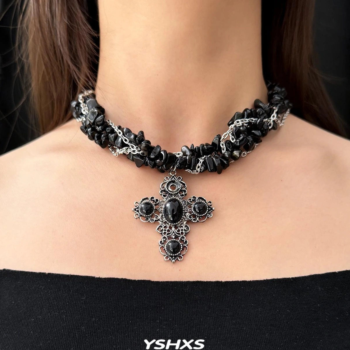 Accessories Layered Black Cross Punk Rock Stone Necklace