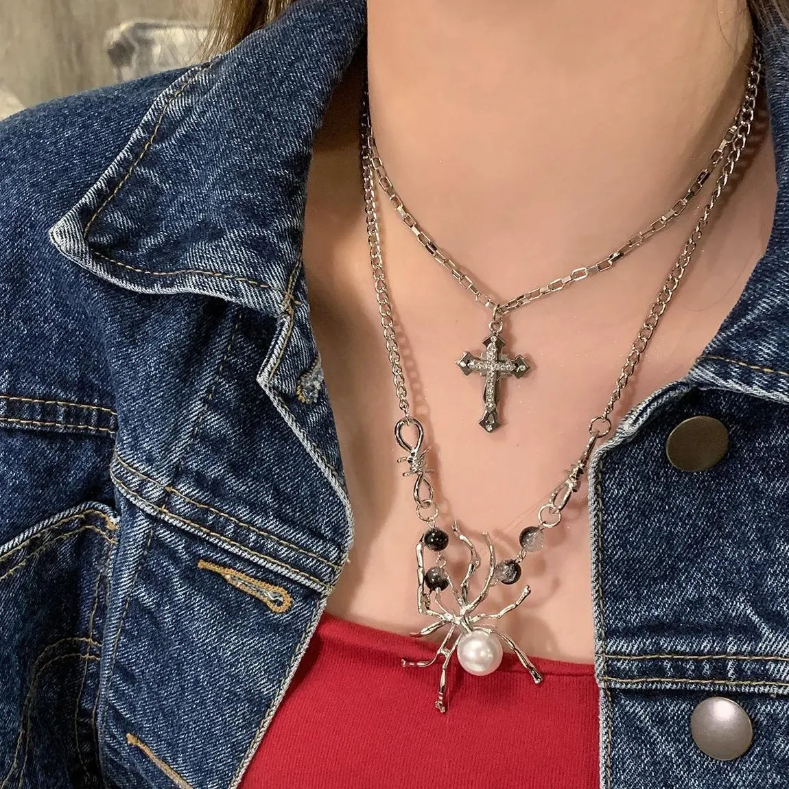 Accessories Layered Cross Spider Choker Necklace