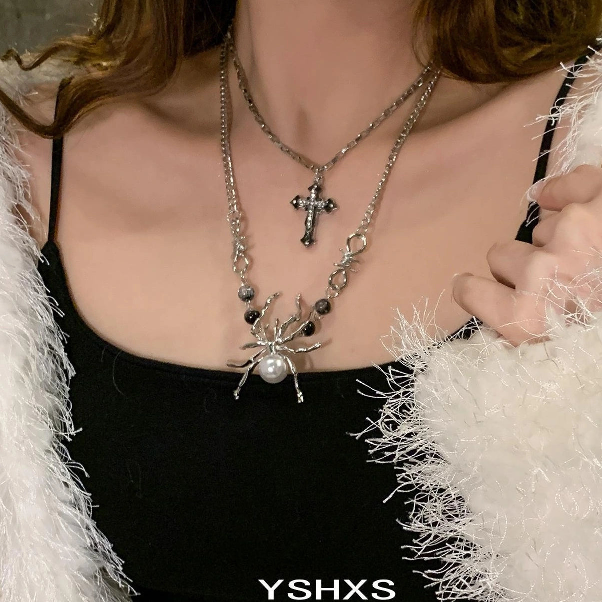 Accessories Layered Cross Spider Choker Necklace
