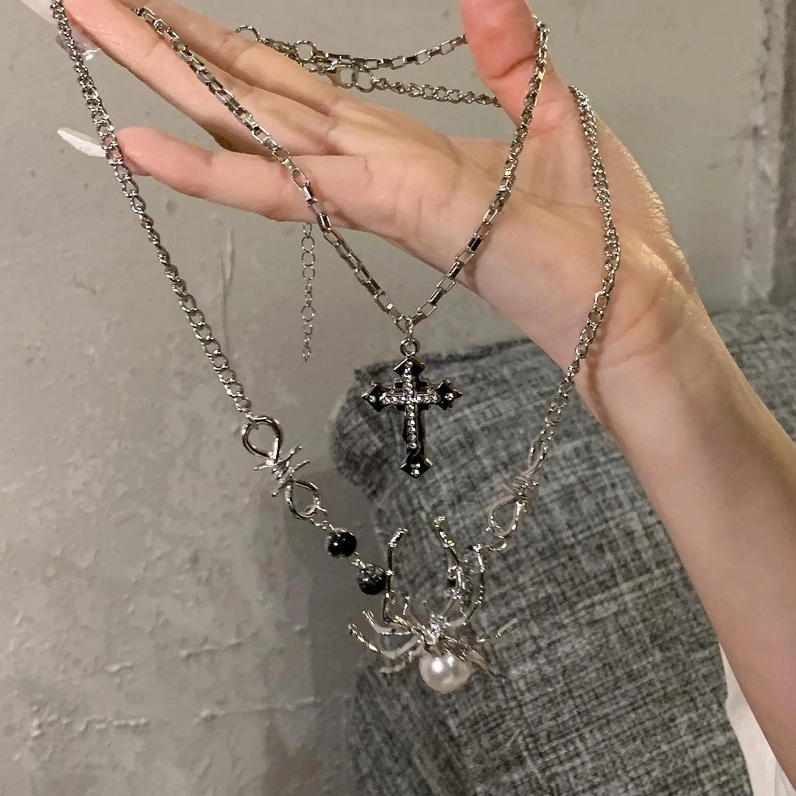 Accessories Layered Cross Spider Choker Necklace