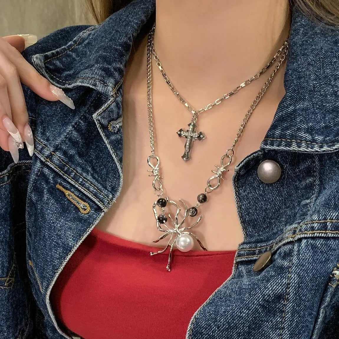 Accessories Layered Cross Spider Choker Necklace