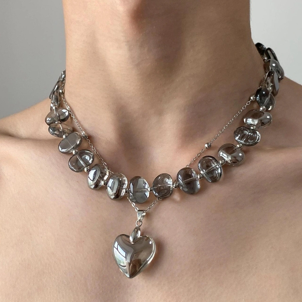 Layered Crystal Pendant Choker Necklace