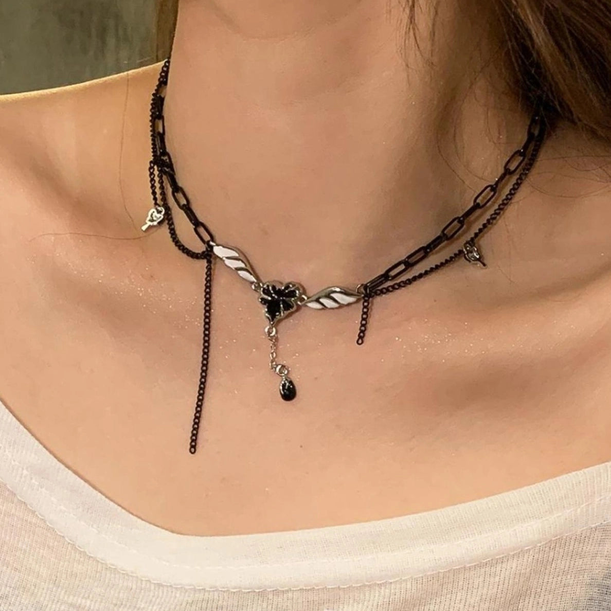 Accessories Layered Dark Heart Wing Necklace