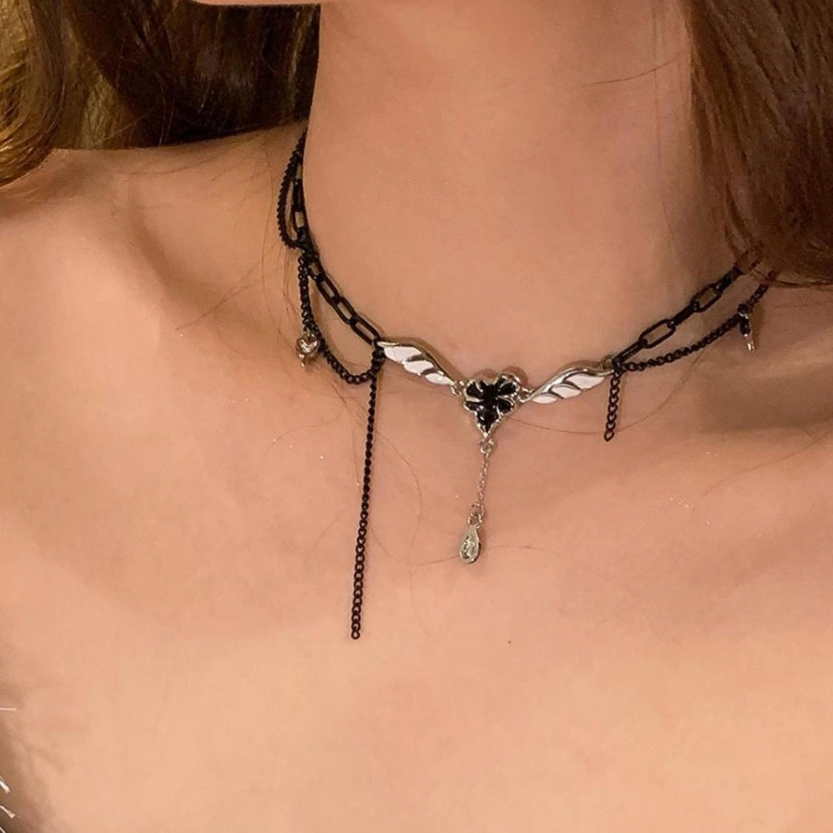 Accessories Layered Dark Heart Wing Necklace