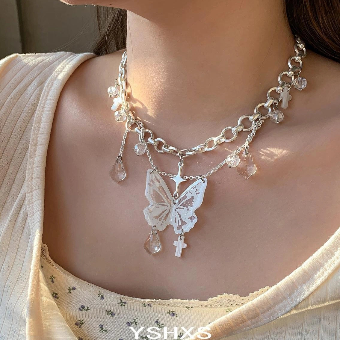 Accessories Layered Fringe Butterfly Choker Necklace