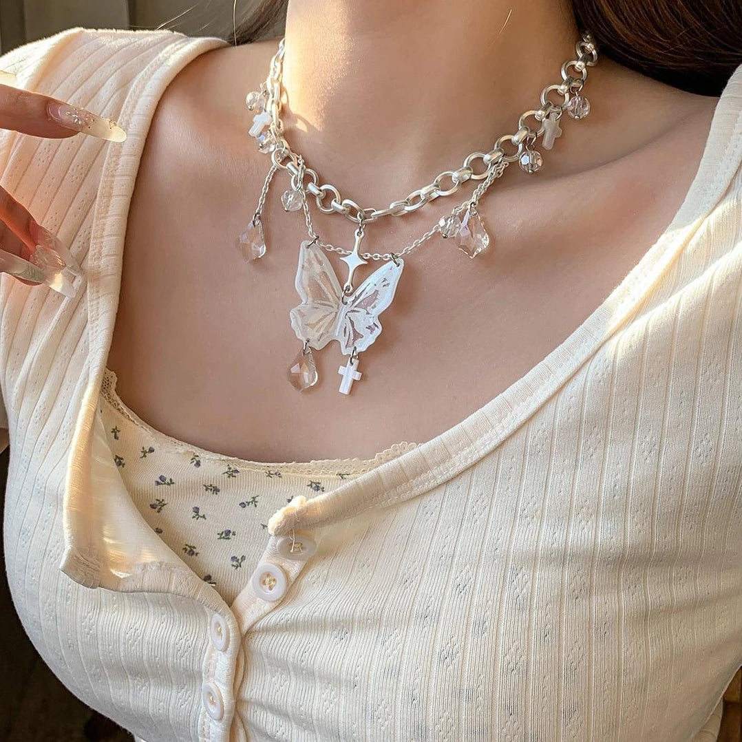 Accessories Layered Fringe Butterfly Choker Necklace