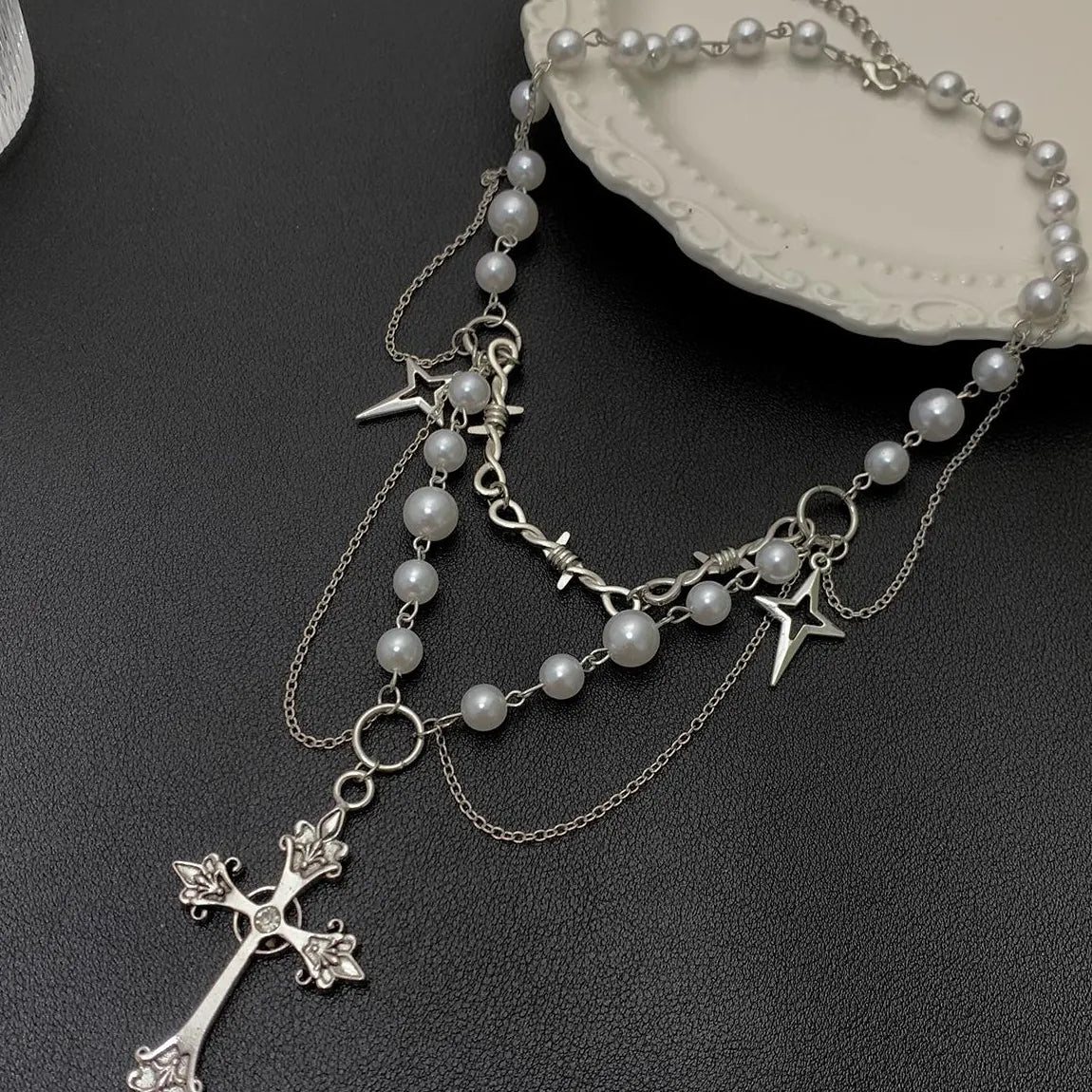 Accessories Layered Gothic Pearl Cross Necklace Y2K Punk Choker