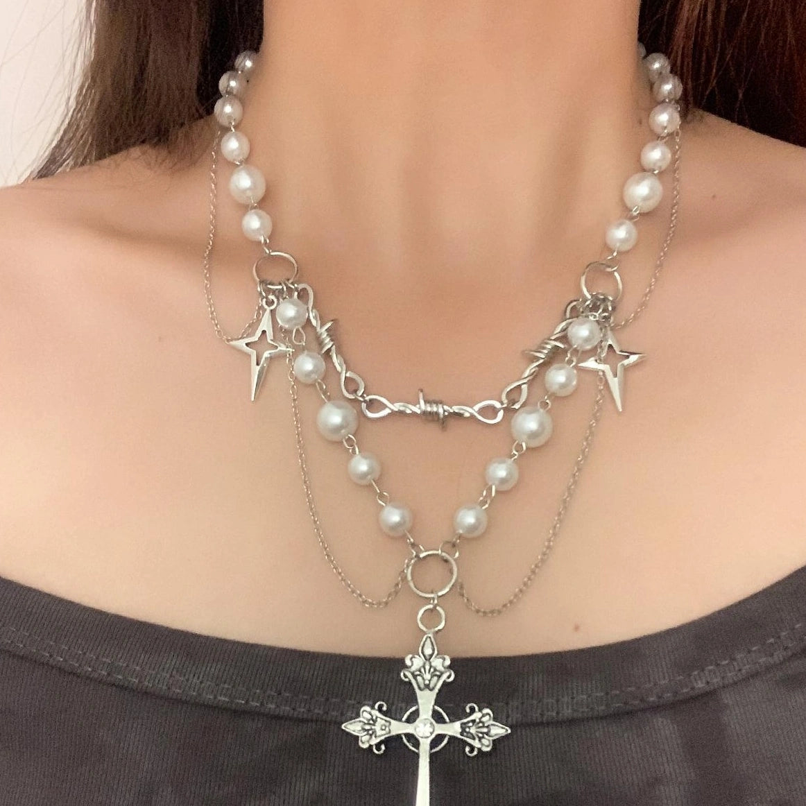 Accessories Layered Gothic Pearl Cross Necklace Y2K Punk Choker