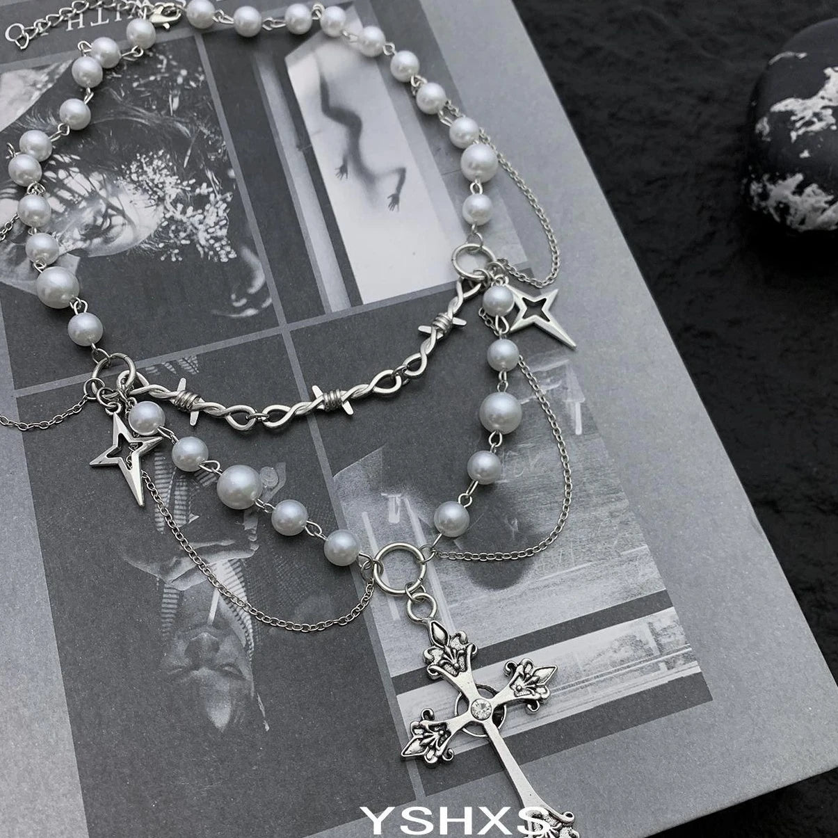 Accessories Layered Gothic Pearl Cross Necklace Y2K Punk Choker