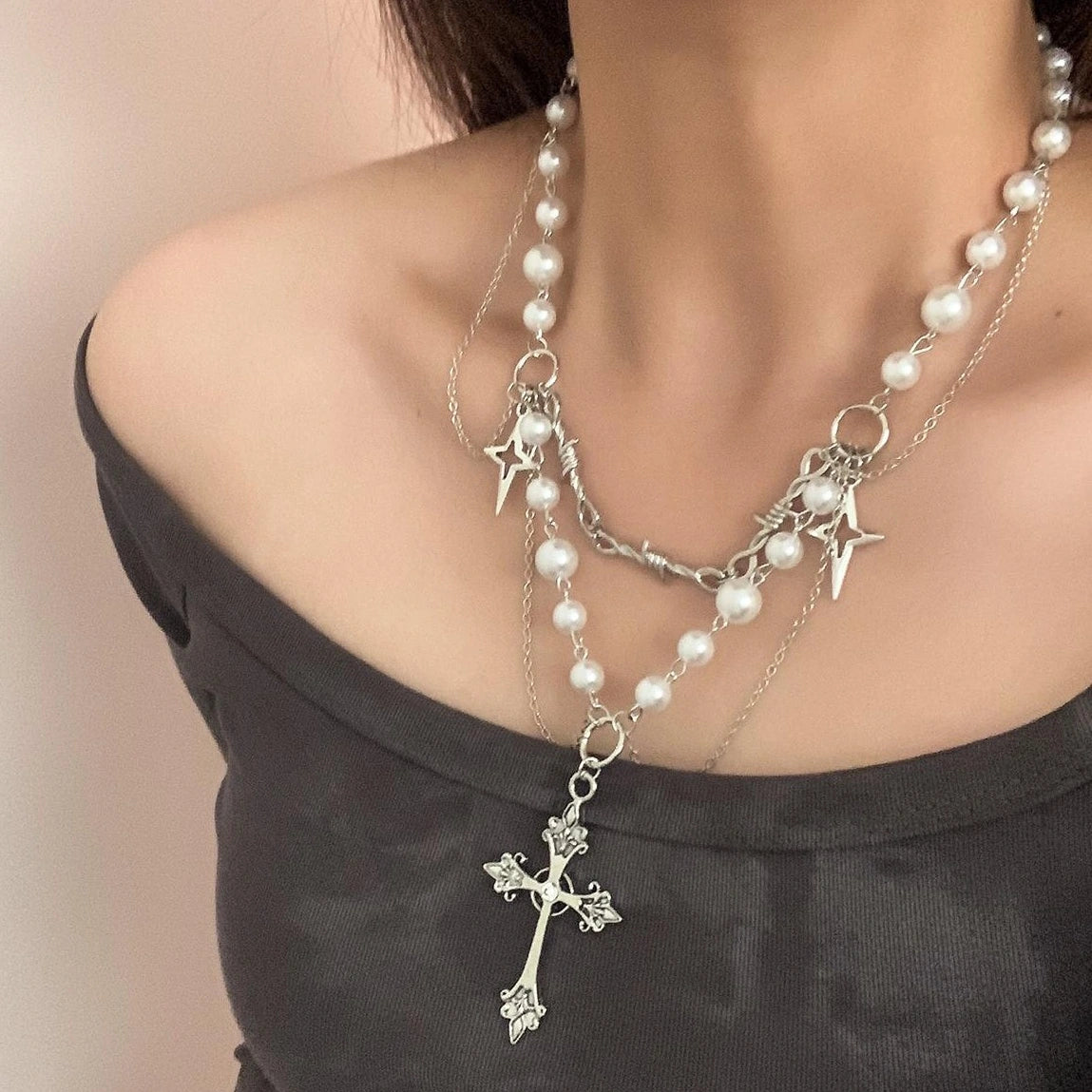 Accessories Layered Gothic Pearl Cross Necklace Y2K Punk Choker