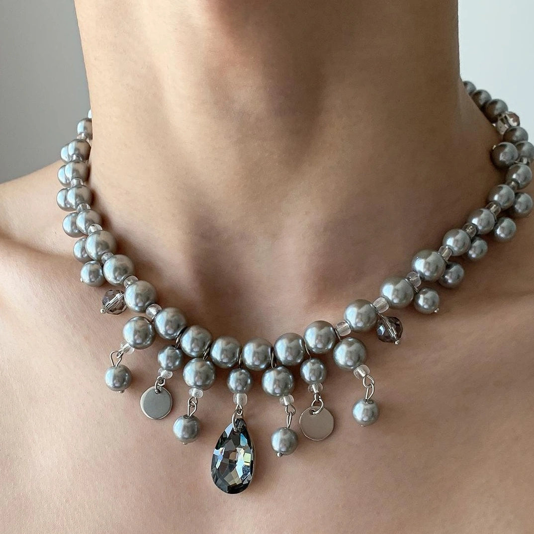 Accessories Layered Gray Pearl Drop Pendant Necklace