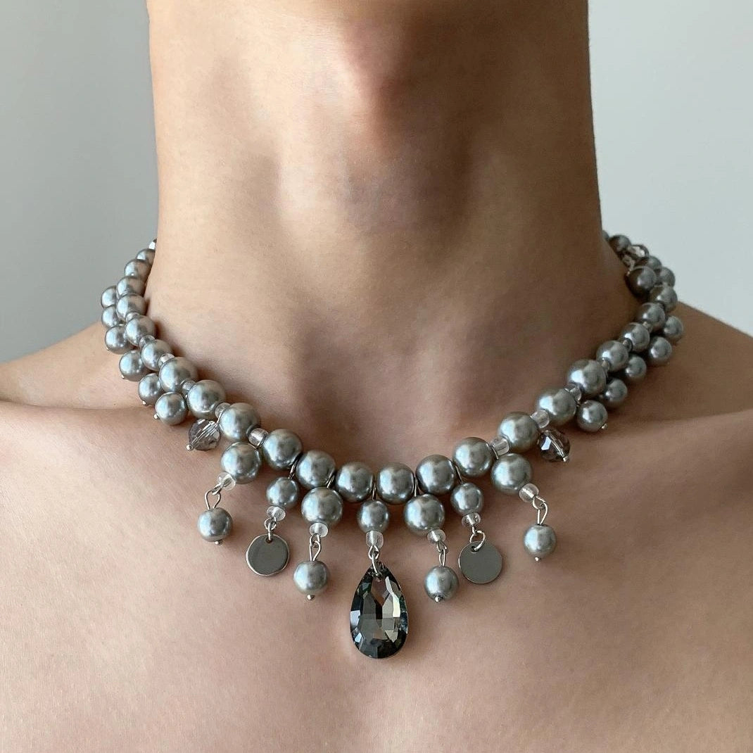 Accessories Layered Gray Pearl Drop Pendant Necklace