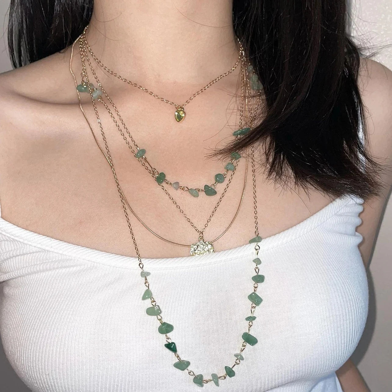 Accessories Layered Green Stone Bohemian Necklace