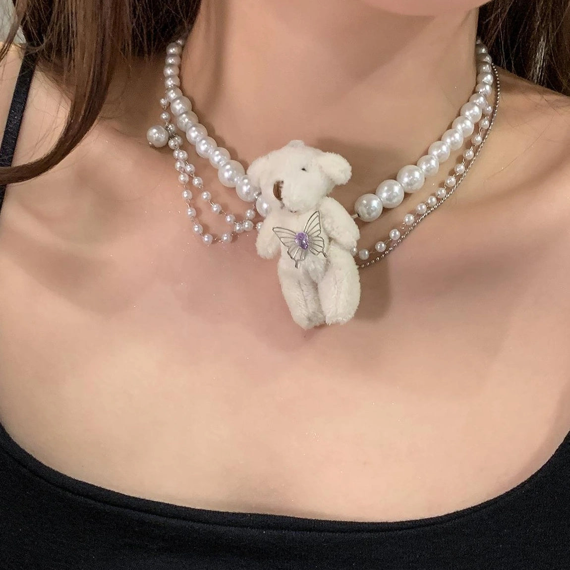Accessories Layered Pearl Choker With Plush Bear Pendant