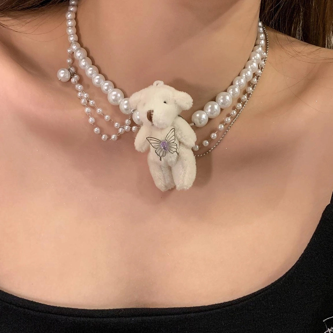 Accessories Layered Pearl Choker With Plush Bear Pendant
